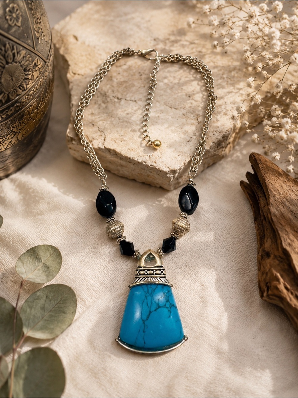 Kenneth Cole Turquoise Pendant Necklace Black Bead Silver Tone Boho Southwestern